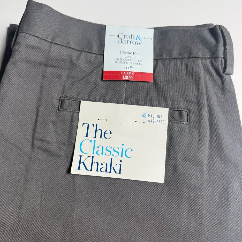 Croft & Barrow Classic Fit Khaki Men’s 38x29 Gray Flat Front NWT Wide Leg Baggy